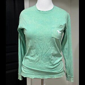 Victorias Secret PINK bleach VTG wash green long sleeve dog tee XS Oversized